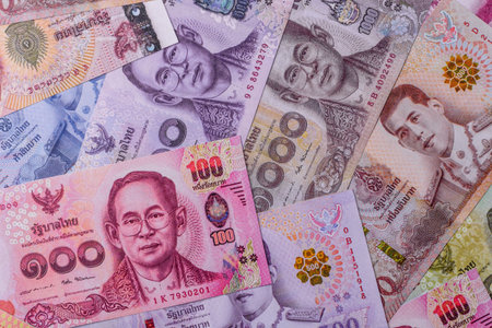 Thailand paper money, dinar banknotes as currency for exchange or travel. Thai money as a business backgroundの写真素材