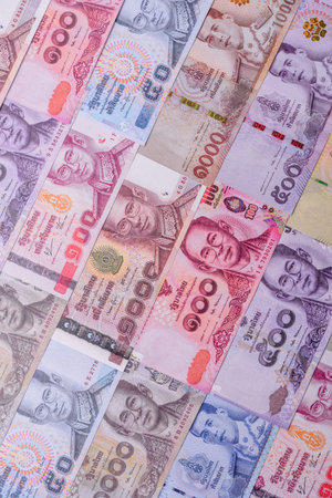Thailand paper money, dinar banknotes as currency for exchange or travel. Thai money as a business backgroundの写真素材