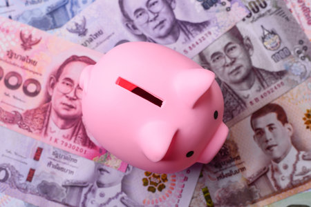 Thailand paper money, dinar banknotes as currency for exchange or travel. Thai money as a business backgroundの写真素材