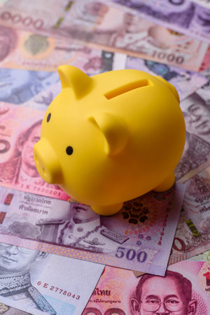 Thailand paper money, dinar banknotes as currency for exchange or travel. Thai money as a business backgroundの写真素材