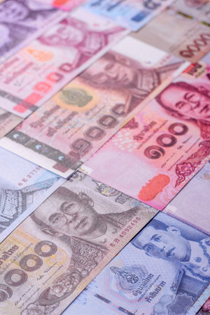 Thailand paper money, dinar banknotes as currency for exchange or travel. Thai money as a business backgroundの写真素材