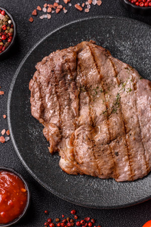 Grilled beef steak, meat cooked on barbecue with salt and pepper. Grilled beef steak as food backgroundの写真素材