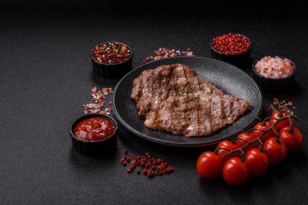 Grilled beef steak, meat cooked on barbecue with salt and pepper. Grilled beef steak as food backgroundの写真素材