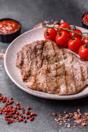 Grilled beef steak, meat cooked on barbecue with salt and pepper. Grilled beef steak as food backgroundの写真素材