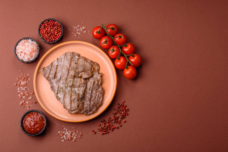 Grilled beef steak, meat cooked on barbecue with salt and pepper. Grilled beef steak as food backgroundの写真素材