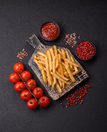 Crispy French fries with sauce, fast food, snack or chips. French fries, takeaway food, background for your designの写真素材