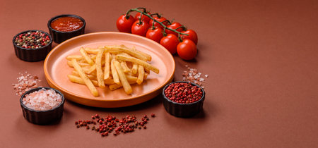 Crispy French fries with sauce, fast food, snack or chips. French fries, takeaway food, background for your designの写真素材