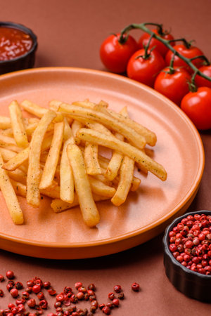 Crispy French fries with sauce, fast food, snack or chips. French fries, takeaway food, background...