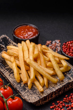 Crispy French fries with sauce, fast food, snack or chips. French fries, takeaway food, background...