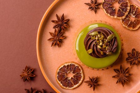 Pistachio cake or tart topped with green mousse with nuts and fruit filling. Pistachio pie as a food...