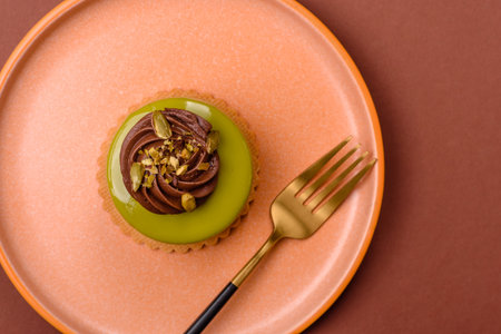 Pistachio cake or tart topped with green mousse with nuts and fruit filling. Pistachio pie as a food...
