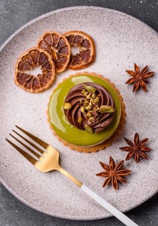 Pistachio cake or tart topped with green mousse with nuts and fruit filling. Pistachio pie as a food...
