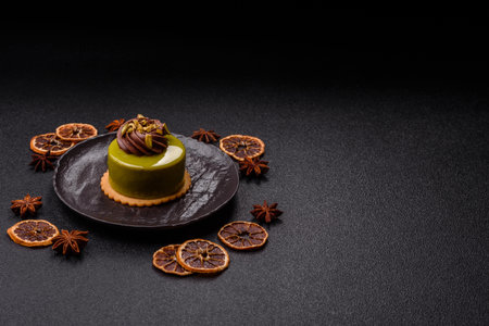 Pistachio cake or tart topped with green mousse with nuts and fruit filling. Pistachio pie as a food...
