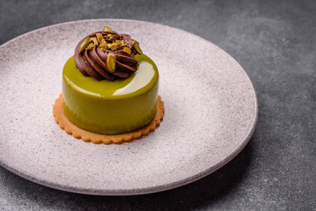 Pistachio cake or tart topped with green mousse with nuts and fruit filling. Pistachio pie as a food...