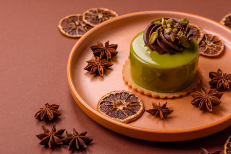 Pistachio cake or tart topped with green mousse with nuts and fruit filling. Pistachio pie as a food...