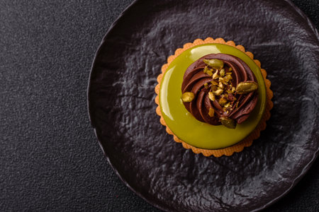 Pistachio cake or tart topped with green mousse with nuts and fruit filling.