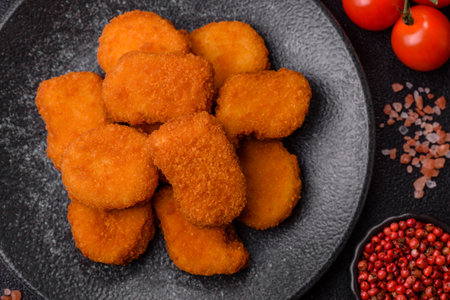 Chicken nugget with sauce, crispy fast food. Chicken nugget as food background for your design