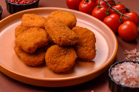 Chicken nugget with sauce, crispy nutritious fast food. Chicken nugget as food background for your...