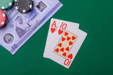 Casino game in the United Arab Emirates, dirham money, chips, cards and other attributes. Gambling...