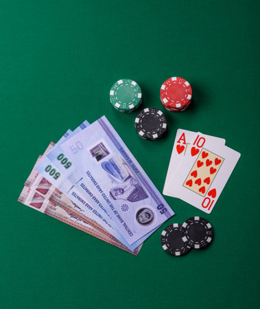 Casino game in the United Arab Emirates, dirham money, chips, cards and other attributes. Gambling...