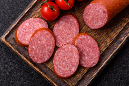 Sliced salami sausage, smoked dry meat as food background. Sliced salami sausage antipasto for the...