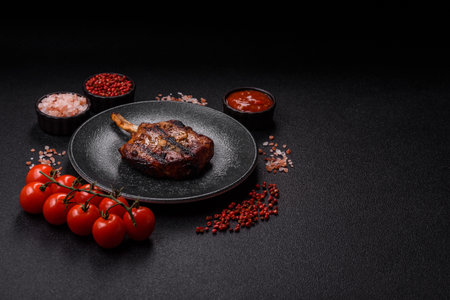 Steak, beef or pork on the bone, meat cooked on the grill with rosemary, salt and spices. Steak on...
