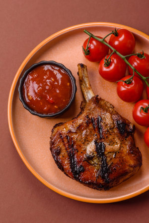 Steak, beef or pork on the bone, meat cooked on the grill with rosemary, salt and spices. Steak on...