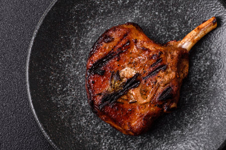 Steak, beef or pork on the bone, meat cooked on the grill with rosemary, salt and spices. Steak on...