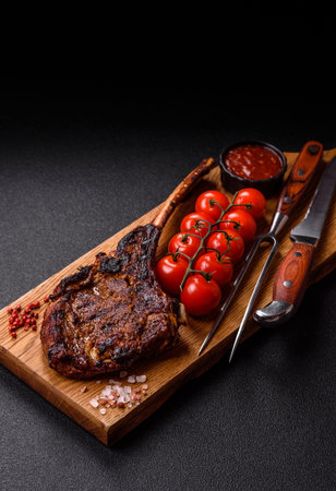 Grilled bone-in meat, beef tomahawk steak, juicy barbecued meat. Tomahawk steak as a food background for your design.の写真素材