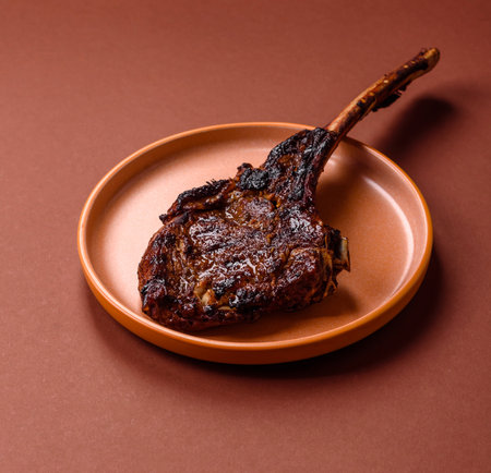 Grilled bone-in meat, beef tomahawk steak, juicy barbecued meat. Tomahawk steak as a food background...