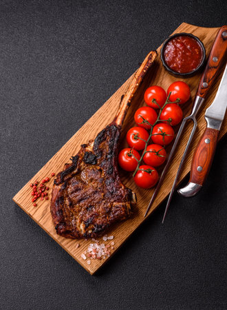 Grilled bone-in meat, beef tomahawk steak, juicy barbecued meat. Tomahawk steak as a food background for your design.の写真素材