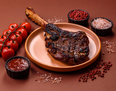 Grilled bone-in meat, beef tomahawk steak, juicy barbecued meat. Tomahawk steak as a food background for your design.の写真素材