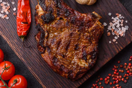 Grilled bone-in meat, beef tomahawk steak, juicy barbecued meat. Tomahawk steak as a food background for your design.の写真素材