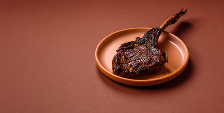 Grilled bone-in meat, beef tomahawk steak, juicy barbecued meat. Tomahawk steak as a food background...