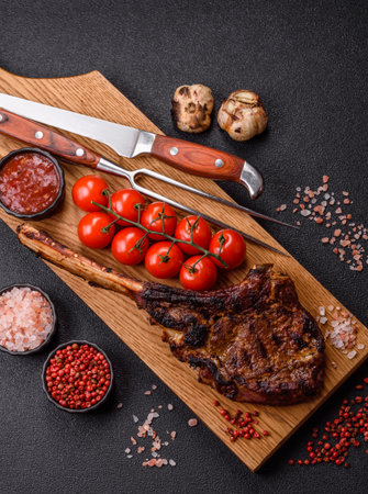 Grilled bone-in meat, beef tomahawk steak, juicy barbecued meat. Tomahawk steak as a food background for your design.の写真素材