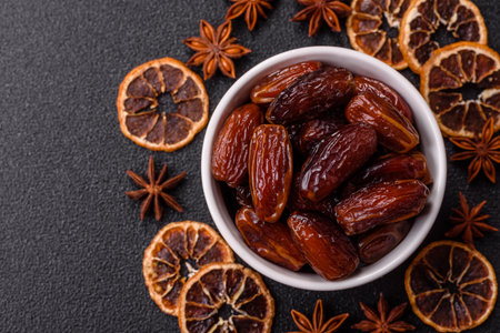 Dried dates in a ceramic plate, arabic food for the ramadan table. Dried dates as a food backdrop...