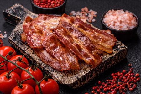 Fried pork bacon slices or strips as a breakfast ingredient. Fried bacon as a food background for...