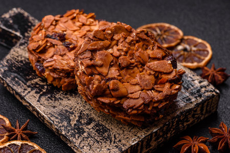 Chocolate chip cookies with caramelized nuts, a healthy sweet snack. Nut cookies as a food backdrop...
