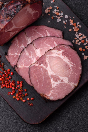Ham, a meat cooked and sliced for sandwiches or table. Ham slices as a food background for your...