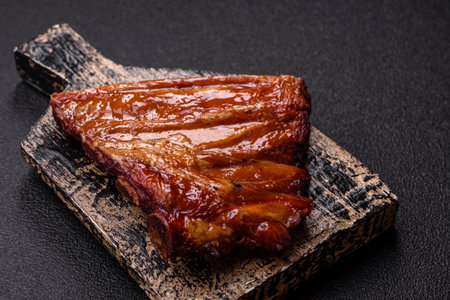 Grilled or barbecued pork or beef ribs with sauce. Cooked or smoked ribs as a food backdrop for your...