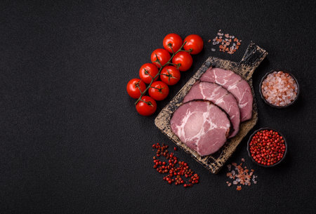 Sliced, cooked meat for sandwiches or table. Meat slices as a food background for your designの写真素材