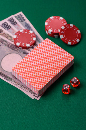 Casino game in the Japan, yen money, chips, cards and other attributes. Gambling in casinos in the...