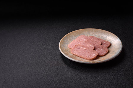 Spiced ham slices, canned meat for lunch sandwiches. Spiced ham as a food backdrop for your design.の写真素材