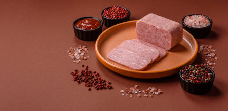 Spiced ham slices, canned meat for lunch sandwiches. Spiced ham as a food backdrop for your design.の写真素材