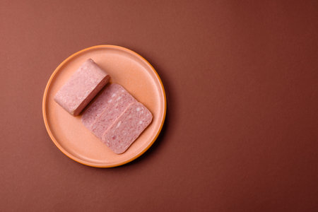 Spiced ham slices, canned meat for lunch sandwiches. Spiced ham as a food backdrop for your design.の写真素材