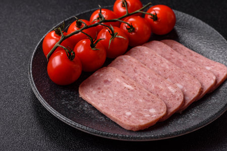 Spiced ham slices, canned meat for lunch sandwiches. Spiced ham as a food backdrop for your design.の写真素材