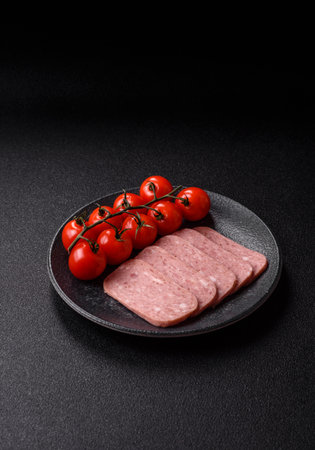 Spiced ham slices for lunch sandwiches. Spiced ham as a food backdrop for your design.の写真素材