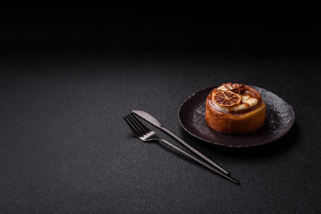Cinnamon roll, a sweet bun with citrus, cherries, and chocolate, a Danish dessert with cream....