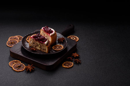 Cinnamon roll, a sweet bun with citrus, cherries, and chocolate, a dessert with cream. Cinnamon roll...