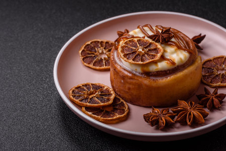 Cinnamon roll, a sweet bun with citrus, cherries, and chocolate, a Danish dessert with cream....